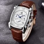 ⁦Montre Homme BENYAR 5113 Chronographe – Boîtier Tonneau Argenté, Cadran Blanc, Cuir Marron⁩ - الصورة ⁦3⁩