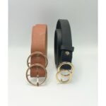 Pack de 2 Ceintures Femme – Noir et Cognac, Boucle Double Anneau