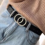 Ceinture Femme – Noire, Boucle Double Anneau Dorée