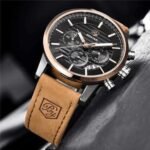 ⁦Montre Homme BENYAR 5104 Chronographe – Cadran Noir, Or Rose, Cuir Camel⁩ - الصورة ⁦2⁩