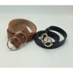 ⁦Pack de 2 Ceintures Femme – Noir et Cognac, Boucle Double Anneau⁩ - الصورة ⁦3⁩