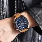 ⁦Montre Homme BENYAR 5140 Chronographe – Cadran Bleu, Boîtier Or Rose, Cuir Camel⁩ - الصورة ⁦4⁩