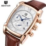 ⁦Montre Homme BENYAR 5113 Chronographe – Boîtier Tonneau Or Rose, Cadran Blanc, Cuir Marron⁩ - الصورة ⁦4⁩