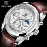 ⁦Montre Homme BENYAR 51093 – Cadran Blanc, Boîtier Argenté, Cuir Marron⁩ - الصورة ⁦3⁩