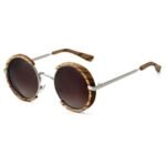 ⁦Lunettes de Soleil Polarisées Unisexe BARCUR BC2604 – Rondes Effet Bois, Pont Argenté⁩ - الصورة ⁦3⁩