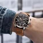 ⁦Montre Homme BENYAR 5104 Chronographe – Cadran Noir, Or Rose, Cuir Camel⁩ - الصورة ⁦8⁩