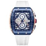 ⁦Montre Homme CURREN 8442 – Boîtier Carré Bleu Ajouré, Bracelet Silicone Blanc⁩ - الصورة ⁦3⁩