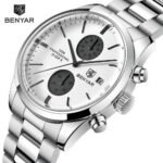 ⁦Montre Homme BENYAR 51087 Chronographe – Cadran Blanc et Compteurs Noirs, Acier⁩ - الصورة ⁦3⁩