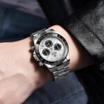 ⁦Montre Homme BENYAR 5169 Chronographe – Cadran Blanc Panda, Lunette Noire, Acier⁩ - الصورة ⁦3⁩
