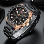 ⁦Montre Homme MINI FOCUS MF0403 Chronographe – Cadran Noir, Lunette Tachymètre, Or Rose⁩ - الصورة ⁦4⁩