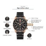 ⁦Montre Homme MINI FOCUS MF0403 Chronographe – Cadran Noir, Lunette Tachymètre, Or Rose⁩ - الصورة ⁦5⁩