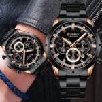 ⁦Montre Homme CURREN 83055 Chronographe – Noir et Doré, Bracelet Acier Noir⁩ - الصورة ⁦7⁩