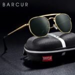 ⁦Lunettes de Soleil Polarisées Homme BARCUR – Hexagonales, Dorées, Verres Verts⁩ - الصورة ⁦2⁩