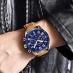 ⁦Montre Homme BENYAR 5139 Chronographe – Cadran Bleu, Boîtier Argenté, Cuir Camel⁩ - الصورة ⁦2⁩