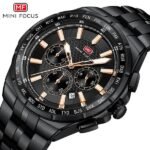 ⁦Montre Homme MINI FOCUS MF0613 Multifonction – Tout Noir, Accents Or Rose⁩ - الصورة ⁦3⁩