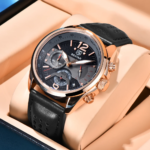 ⁦Montre Homme BENYAR 5171 Style Militaire – Boîtier Or Rose, Bracelet Noir⁩ - الصورة ⁦4⁩