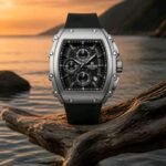 ⁦Montre Homme NAVIFORCE NF8070 Chronographe Tonneau – Argenté, Silicone Noir⁩ - الصورة ⁦2⁩