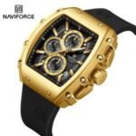 ⁦Montre Homme NAVIFORCE NF8070 Chronographe Tonneau – Doré, Silicone Noir⁩ - الصورة ⁦3⁩