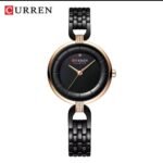 ⁦Montre Femme CURREN 9052 – Cadran Noir, Lunette Or Rose, Bracelet Bijou Noir⁩ - الصورة ⁦2⁩