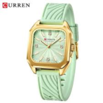 ⁦Montre Femme CURREN 9113 – Boîtier Carré Doré, Bracelet Silicone Vert Pastel⁩ - الصورة ⁦2⁩