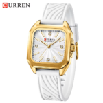 ⁦Montre Femme CURREN 9113 – Cadran Carré Doré, Bracelet Silicone Blanc⁩ - الصورة ⁦2⁩