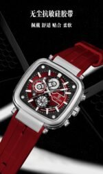⁦Montre Homme REWARD RD831509 Chronographe Carré – Argenté, Silicone Rouge⁩ - الصورة ⁦3⁩