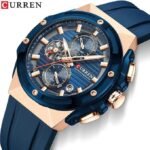 ⁦Montre Homme CURREN 8462 Chronographe – Cadran Bleu, Boîtier Or Rose, Silicone Bleu⁩ - الصورة ⁦3⁩