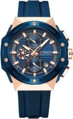 ⁦Montre Homme CURREN 8462 Chronographe – Cadran Bleu, Boîtier Or Rose, Silicone Bleu⁩ - الصورة ⁦4⁩