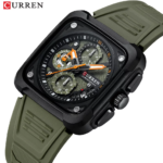 ⁦Montre Homme CURREN 8461 – Boîtier Carré Noir, Bracelet Silicone Vert Kaki⁩ - الصورة ⁦2⁩