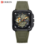 ⁦Montre Homme CURREN 8461 – Boîtier Carré Noir, Bracelet Silicone Vert Kaki⁩ - الصورة ⁦4⁩