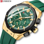 ⁦Montre Homme CURREN 8464 Chronographe – Cadran Vert, Boîtier Doré, Bracelet Silicone Vert⁩ - الصورة ⁦3⁩