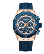 ⁦Montre Homme CURREN 8464 Chronographe – Cadran Bleu, Boîtier Or Rose, Bracelet Silicone⁩ - الصورة ⁦2⁩