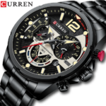 ⁦Montre Homme CURREN 8395 Chronographe – Tout Noir avec Touches Rouges, Bracelet Acier⁩ - الصورة ⁦4⁩