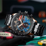 ⁦Montre Homme CURREN 8410 Chronographe 48 mm – Cadran Noir Bleu Rouge, Flancs Or Rose⁩ - الصورة ⁦4⁩