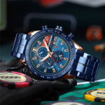 ⁦Montre Homme CURREN 8410 Chronographe 48 mm – Tout Bleu et Or Rose⁩ - الصورة ⁦3⁩