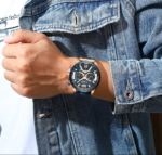 ⁦Montre Homme CURREN 8329 Chronographe – Cadran Bleu, Boîtier Or Rose, Cuir Bleu⁩ - الصورة ⁦3⁩