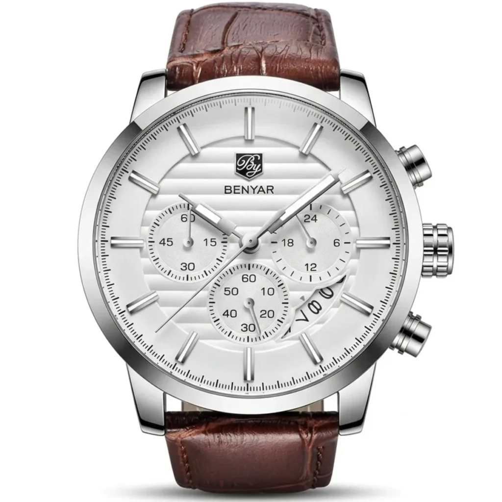 Montre Homme BENYAR 5104 Chronographe – Cadran Blanc, Boîtier Argenté, Cuir Marron
