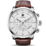 Montre Homme BENYAR 5104 Chronographe – Cadran Blanc, Boîtier Argenté, Cuir Marron