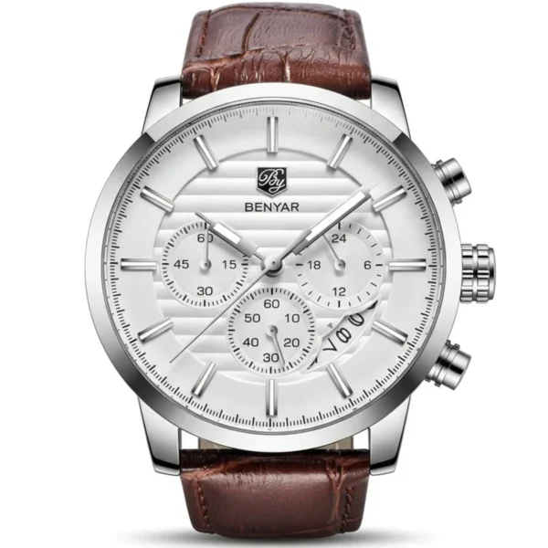 Montre Homme BENYAR 5104 Chronographe – Cadran Blanc, Boîtier Argenté, Cuir Marron