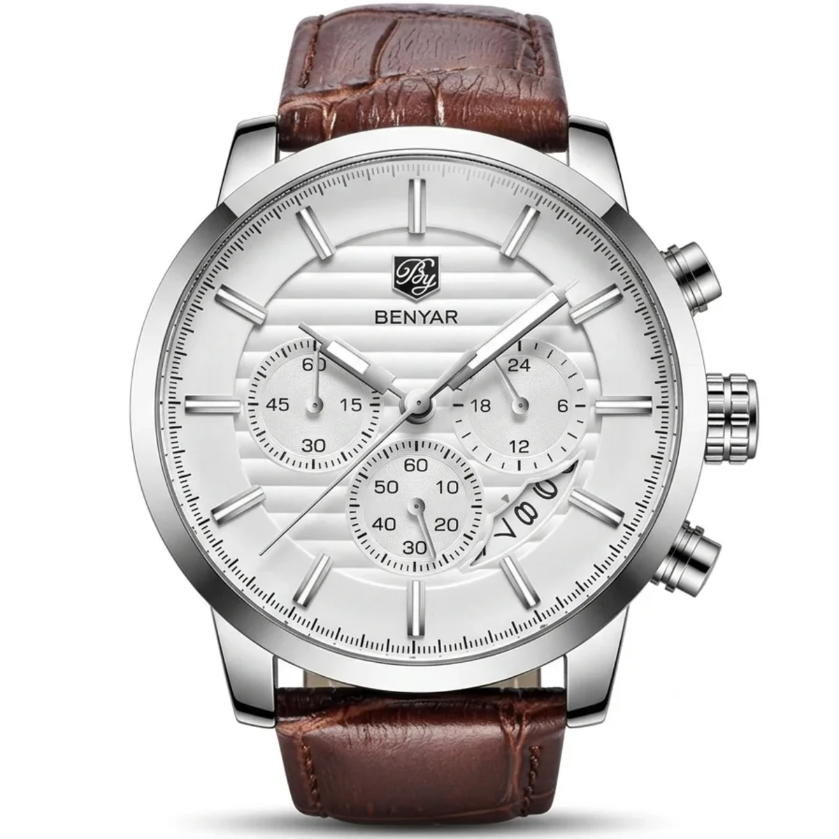 rewak-hd-6245 Montre Homme BENYAR 5104 Chronographe – Cadran Blanc, Boîtier Argenté, Cuir Marron