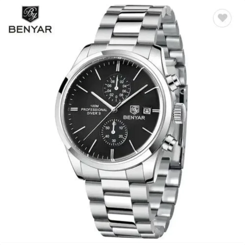 Montre Homme BENYAR 51087 Chronographe – Cadran Noir et Compteurs Argentés, Acier