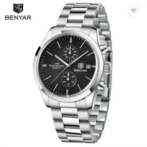 Montre Homme BENYAR 51087 Chronographe – Cadran Noir et Compteurs Argentés, Acier