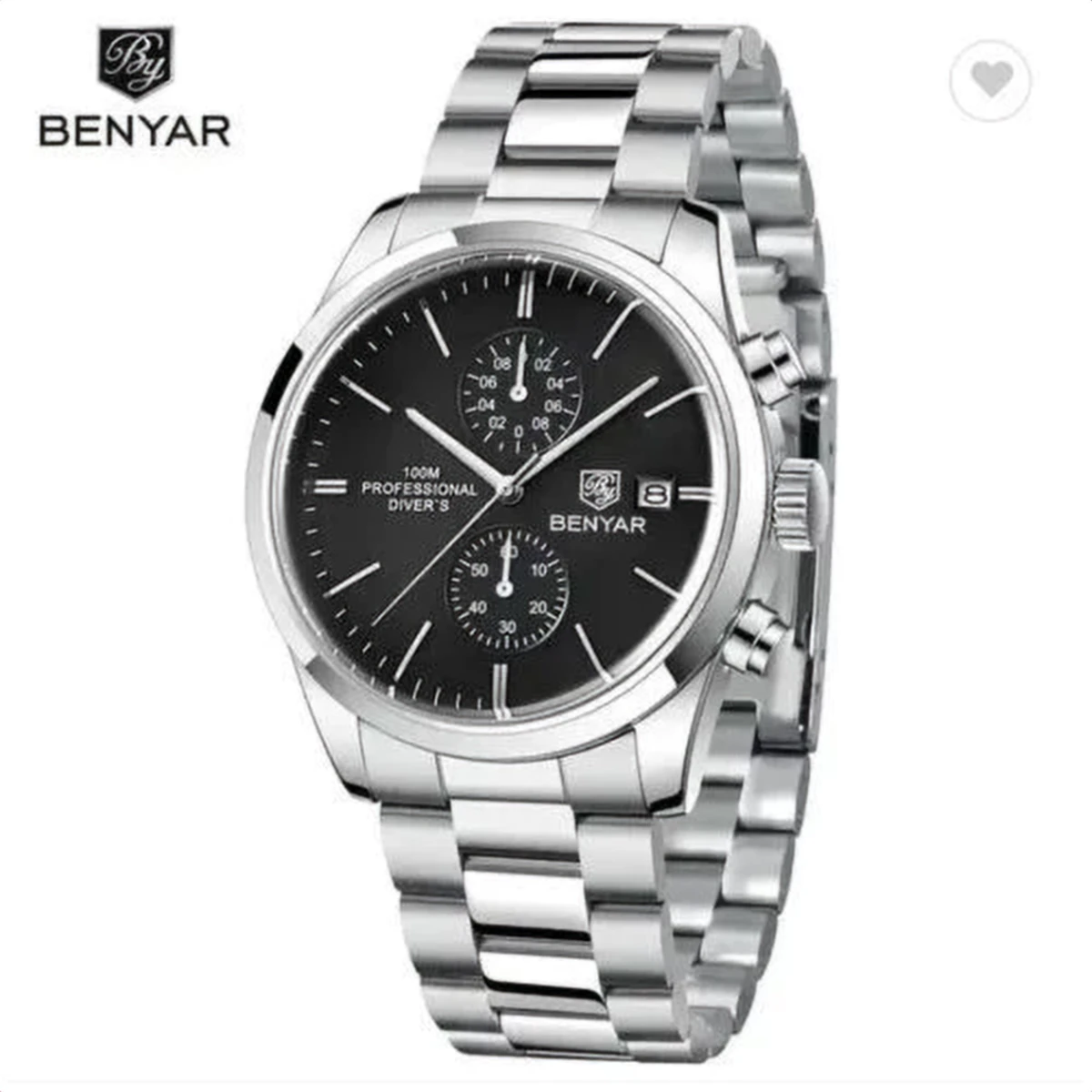 rewak-hd-6259 Montre Homme BENYAR 51087 Chronographe – Cadran Noir et Compteurs Argentés, Acier