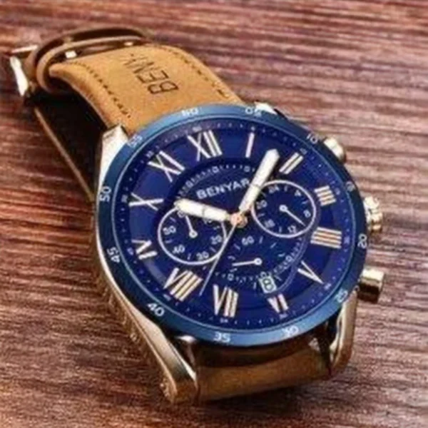 Montre Homme BENYAR 5139 Chronographe – Cadran Bleu, Boîtier Argenté, Cuir Camel