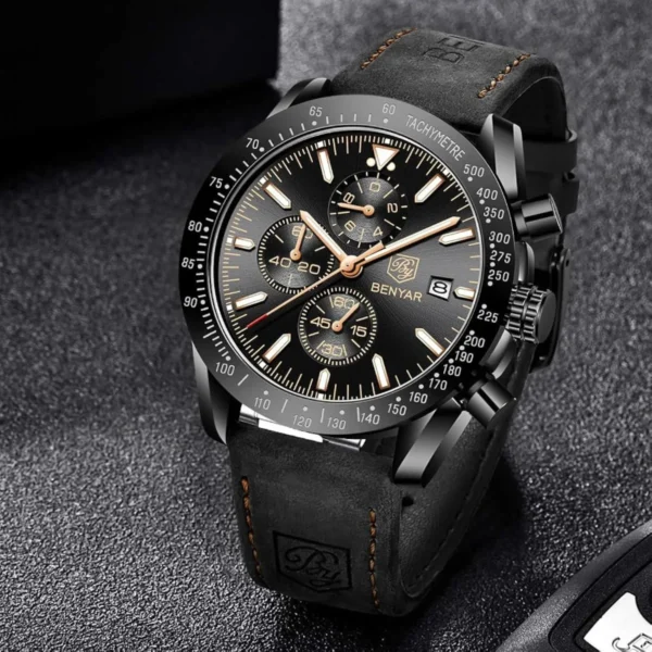 Montre Homme BENYAR 5140 Chronographe – Boîtier Effet Carbone, Cuir Noir