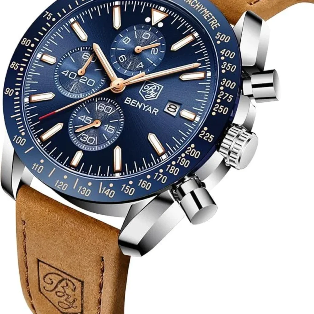 Montre Homme BENYAR 5140 Chronographe – Cadran Bleu, Boîtier Argenté, Cuir Camel