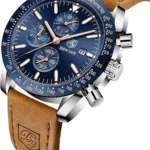 Montre Homme BENYAR 5140 Chronographe – Cadran Bleu, Boîtier Argenté, Cuir Camel