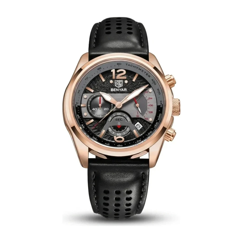 Montre Homme BENYAR 5171 Style Militaire – Boîtier Or Rose, Bracelet Noir