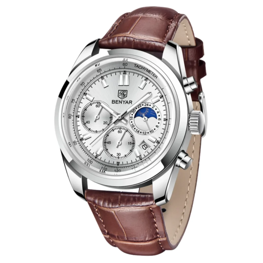Montre Homme BENYAR 5193 Chronographe – Cadran Blanc, Cuir Marron