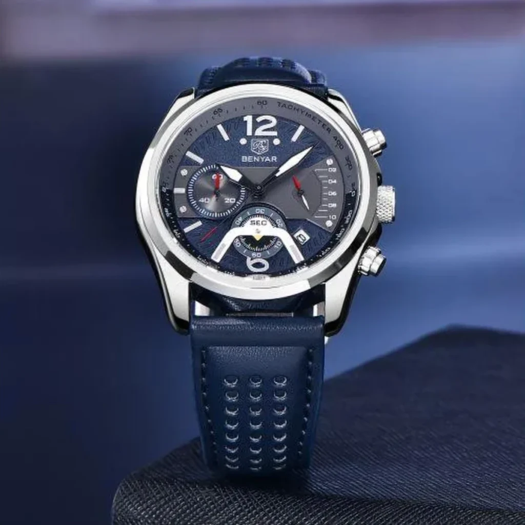Montre Homme BENYAR 5272 Multifonction – Cadran Bleu, Bracelet Perforé Bleu